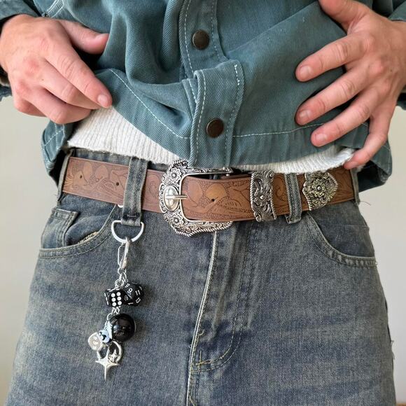 Y2K Brown Leather Belt Silver Buckle Adjustable Fit 26-36" Unisex Vintage New - Picture 3 of 9